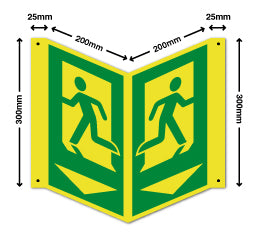 Fire Exit Projecting &amp; Suspending Running Man Symbol + Arrow Down - Direct Signs