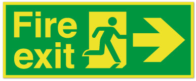 Double Sided Fire Exit symbol + arrow - Double Sided Photoluminescent Rigid PVC / 450mm X 150mm - Direct Signs