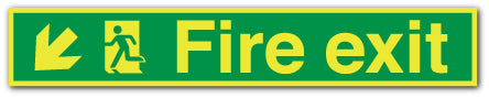 Fire exit symbol arrow angular down left long - Self Adhesive Vinyl / 900mm X 150mm - Direct Signs