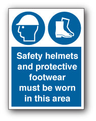 Safety helmets and protective footwear must be worn in this area - Direct Signs
