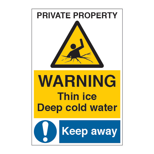 Private Property Warning Thin Ice Deep Cold Water Keep Away Sign - Direct Signs