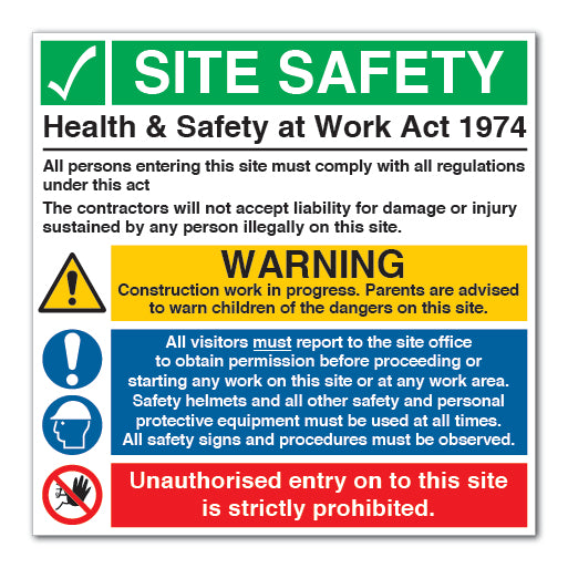 SITE SAFETY Health &amp; Safety at work act 1974 Sign - Direct Signs