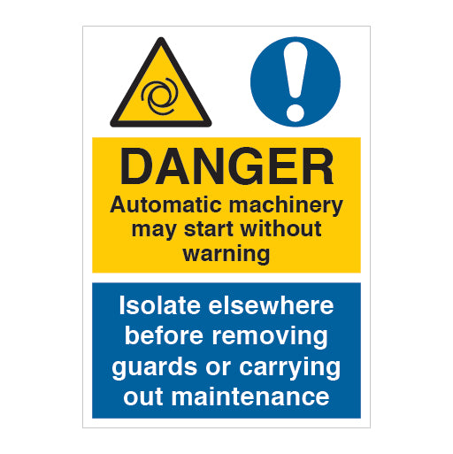 DANGER Automatic machinery may start without warning Isolate elsewhere before removing guards or carrying out maintenance Sign - Direct Signs