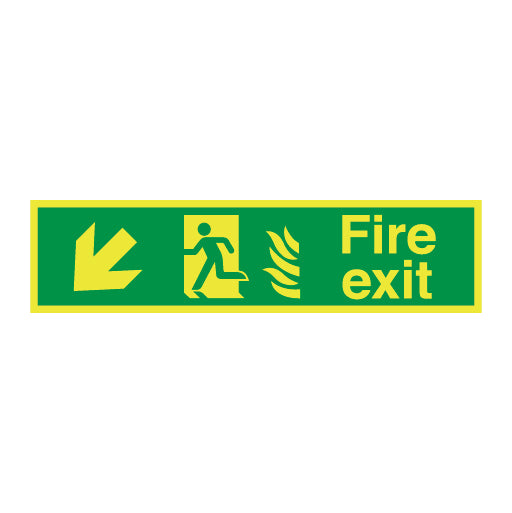 Photoluminescent Hospital Fire Exit Symbol Arrow Angular Down Left Sign - Direct Signs