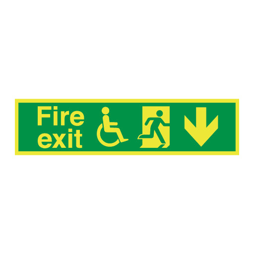 Photoluminescent Disabled Fire Exit and Refuge Signs - Arrow Right Down - Direct Signs