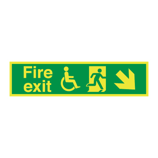 Photoluminescent Disabled Fire Exit and Refuge Signs - Arrow Angular Down Right - Direct Signs