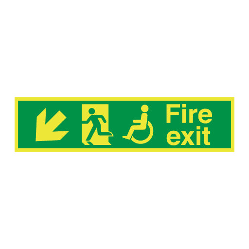 Photoluminescent Disabled Fire Exit and Refuge Signs - Arrow Angular Down Left - Direct Signs