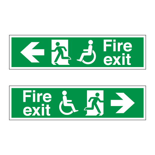 Double Sided Disabled Fire exit symbol with arrow - Direct Signs