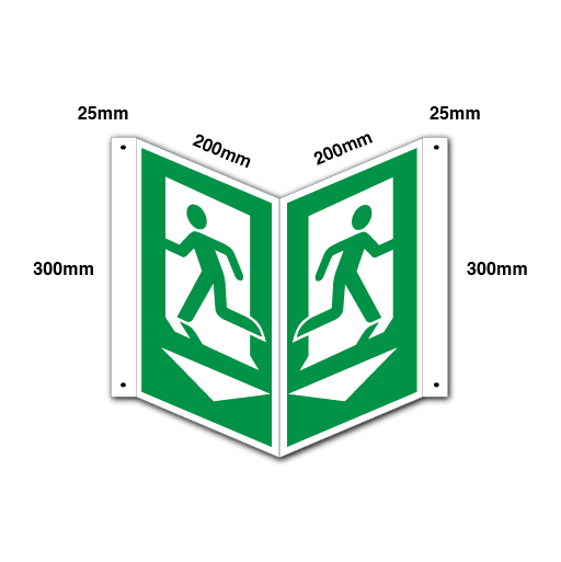 Fire Exit Projecting & Suspending Running Man Symbol + Arrow Down - Direct Signs