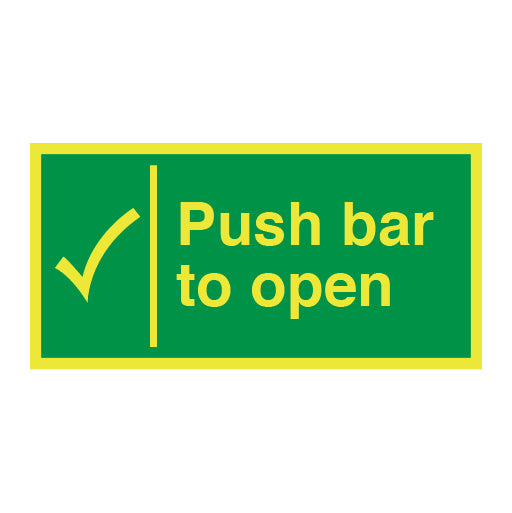 Photoluminescent Push Bar to Open with Tick Sign - Direct Signs