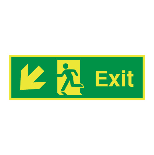 Photoluminescent Exit Symbol Arrow Angled Down Left Sign - Direct Signs