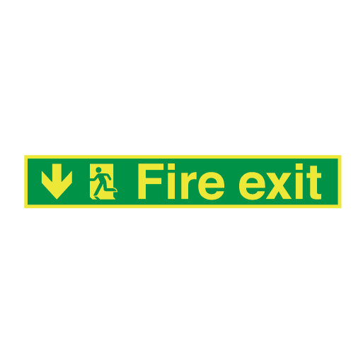 Photoluminescent Fire Exit Symbol Arrow Down Left Long Sign - Direct Signs