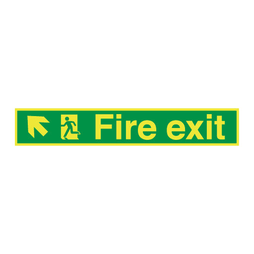 Photoluminescent Fire exit symbol arrow angled up left long sign - Direct Signs