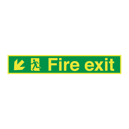 Photoluminescent Fire exit symbol arrow angular down left long sign - Direct Signs