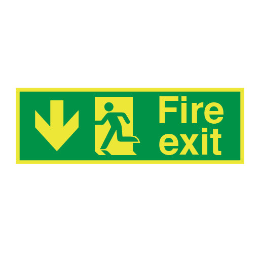 Photoluminescent Fire Exit Symbol Arrow Down Left Medium Sign - Direct Signs
