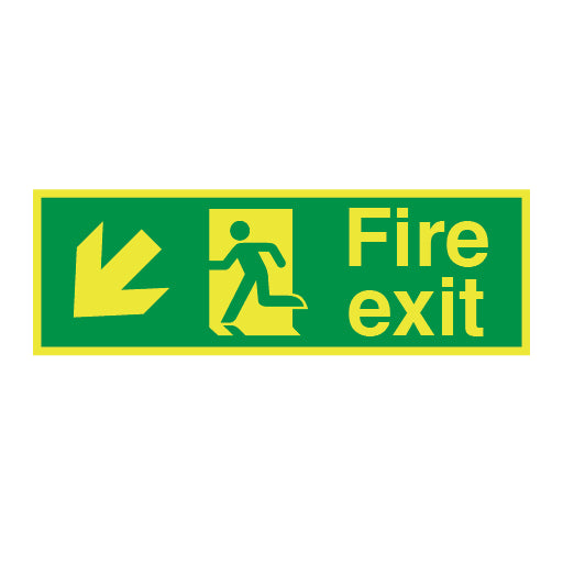 Photoluminescent Fire Exit Symbol Arrow Angled Down Left Sign - Direct Signs