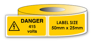 DANGER 415 Volts Signs - Self Adhesive Vinyl Warning Labels / 50mm x 25mm - Direct Signs