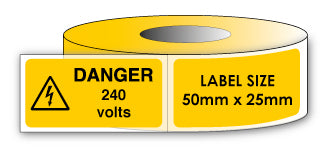 DANGER 240 Volts Signs - Self Adhesive Vinyl Warning Labels / 50mm x 25mm - Direct Signs
